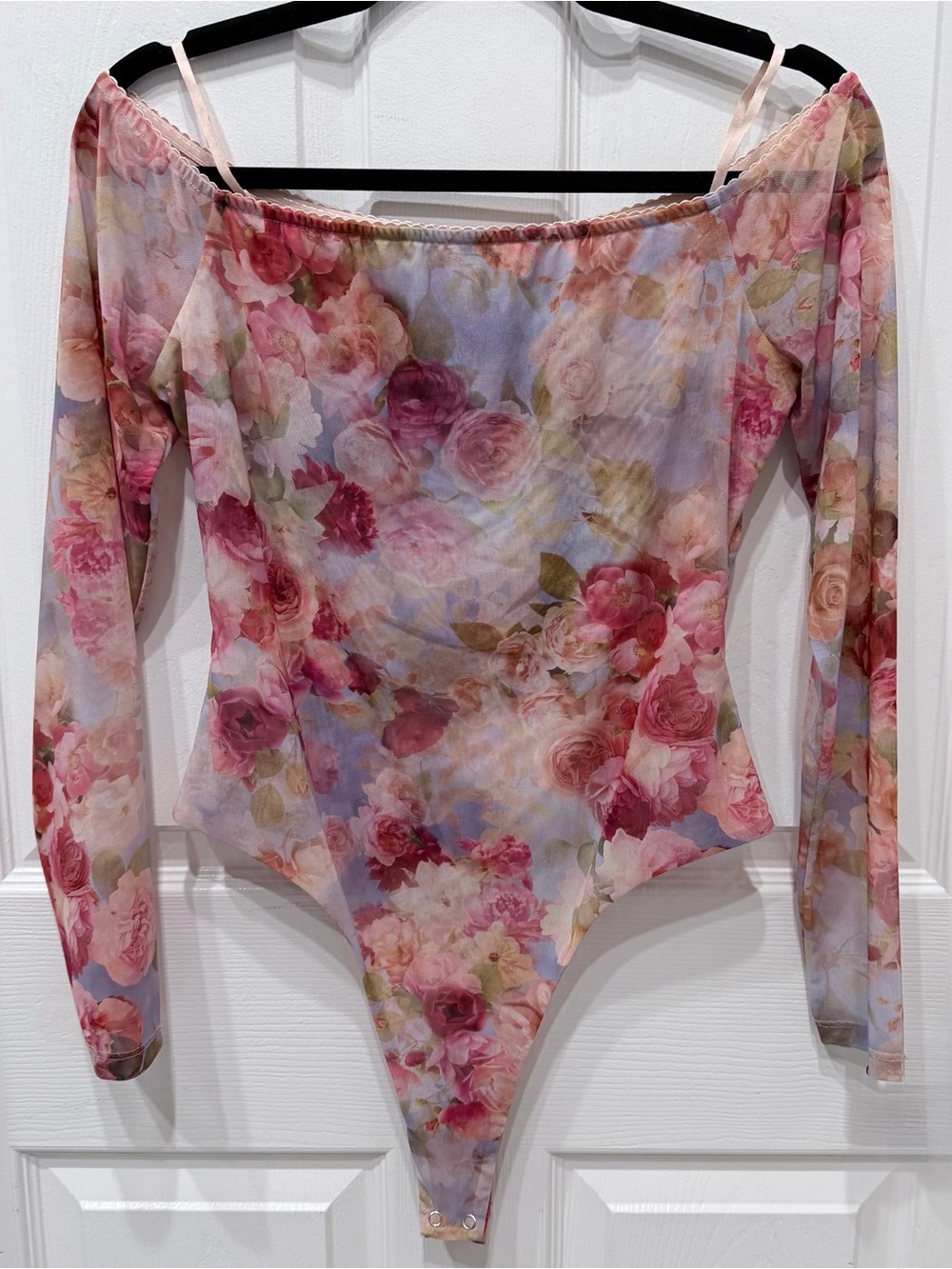 L’AGENCE Peonie Off Shoulder Floral Mesh Bodysuit Pink Rose Print Size XL NWOT